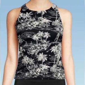 Lands End Size 14 Black and White Tropical Print Tankini Swim Top NWT